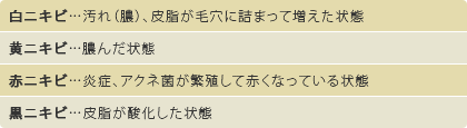 白ニキビ…汚れ(膿)、皮脂が毛穴に詰まって増えた状態
黄ニキビ…膿んだ状態
赤ニキビ…炎症、アクネ菌が繁殖して赤くなっている状態
黒ニキビ…皮脂が酸化した状態