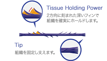 Tissue Holding Power 2方向に刻まれた深いフィンで組織を確実にホールドします。Tip 組織を固定し支えます。