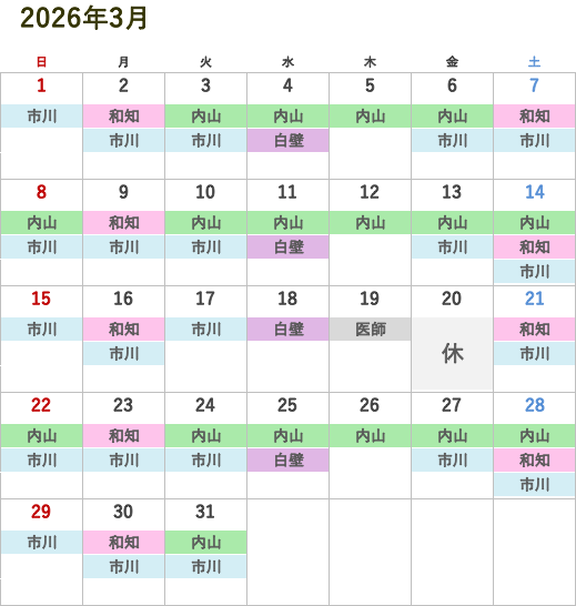 次月の医師診察スケジュール